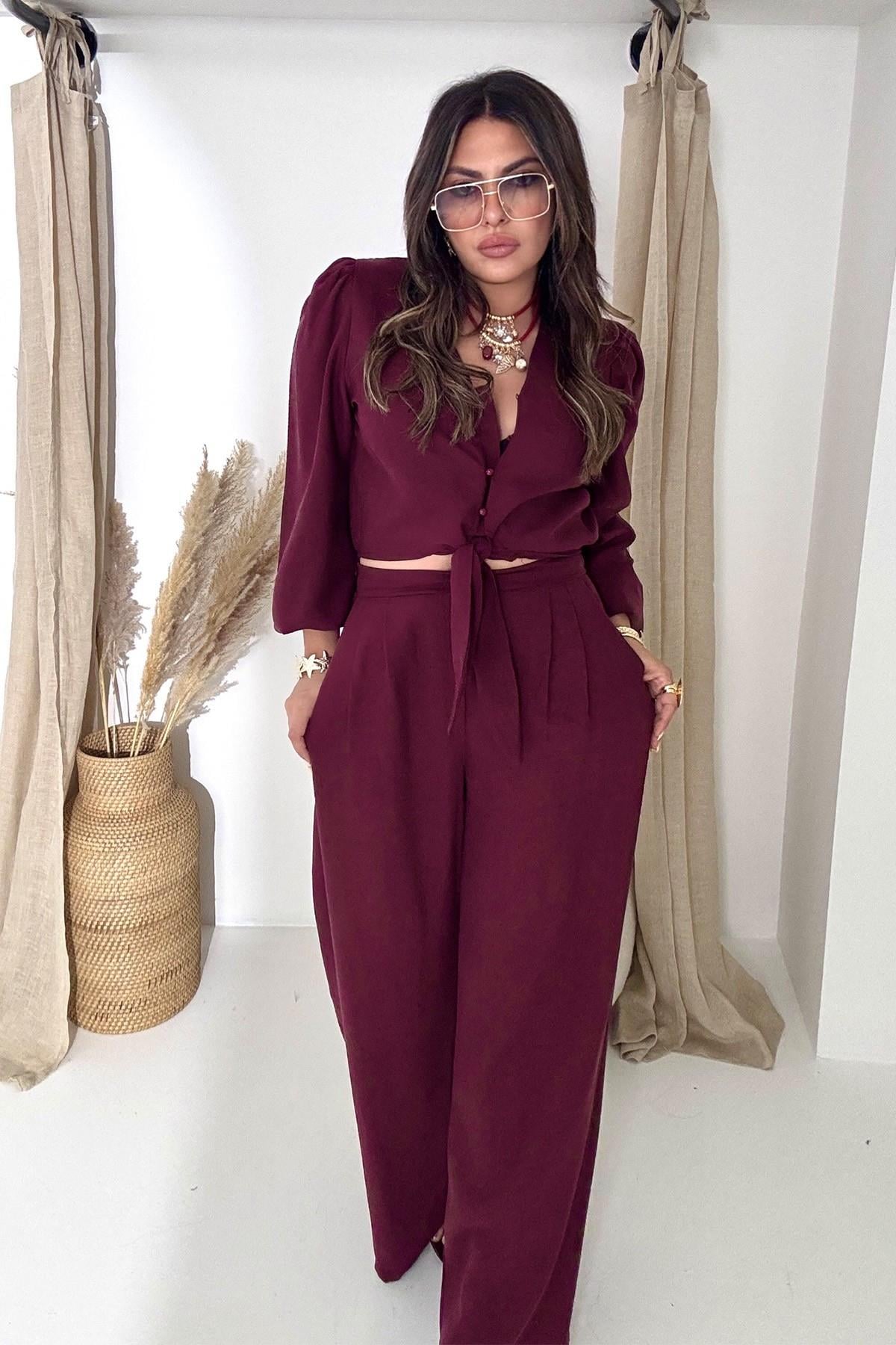 Bağlamalı Karpuz Kol Crop Pantolon Takım Bordo
