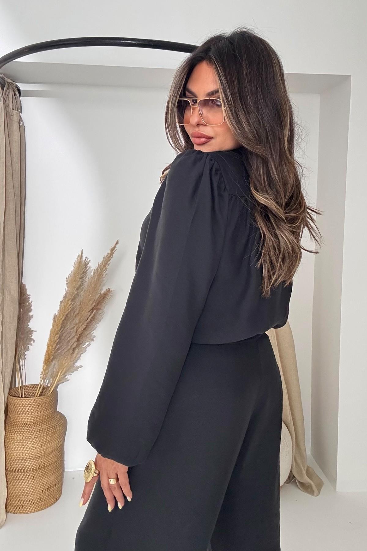 Bağlamalı Karpuz Kol Crop Pantolon Takım Siyah