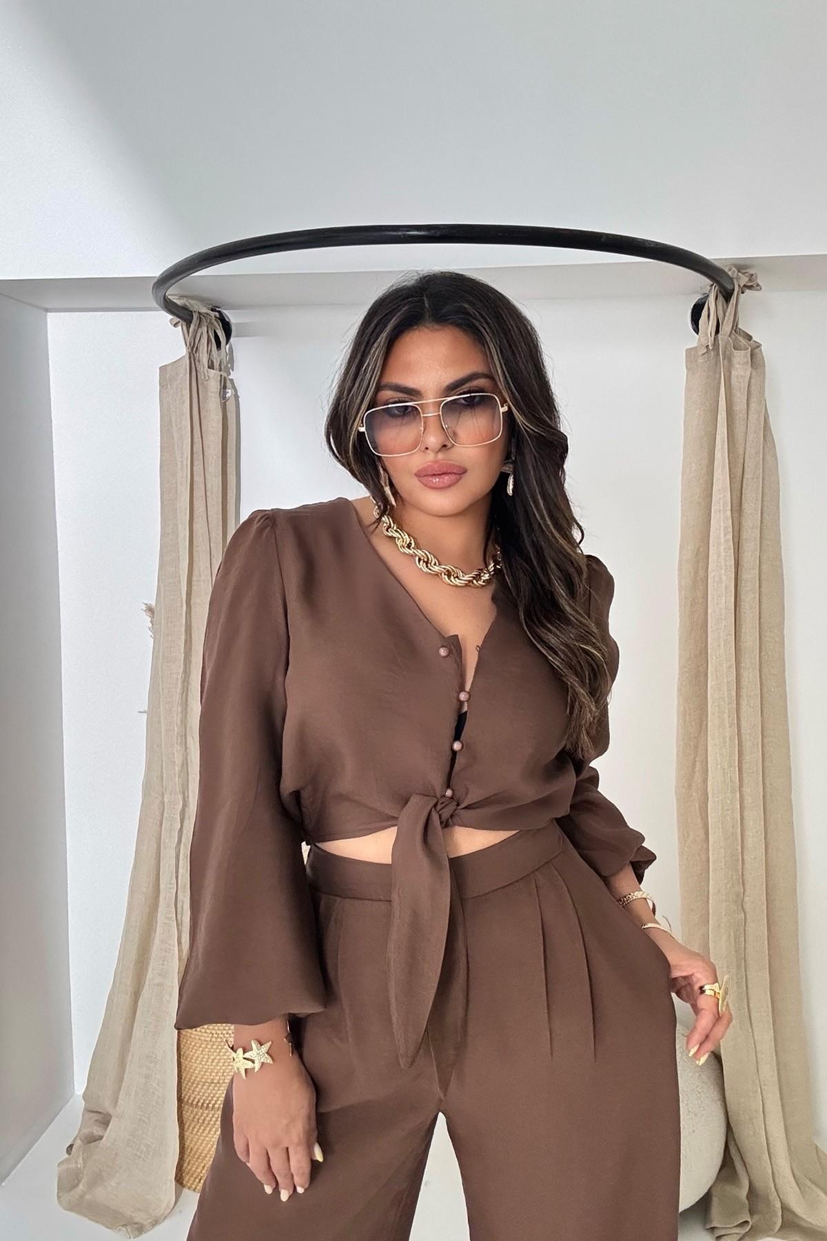 Bağlamalı Karpuz Kol Crop Pantolon Takım Acı Kahve