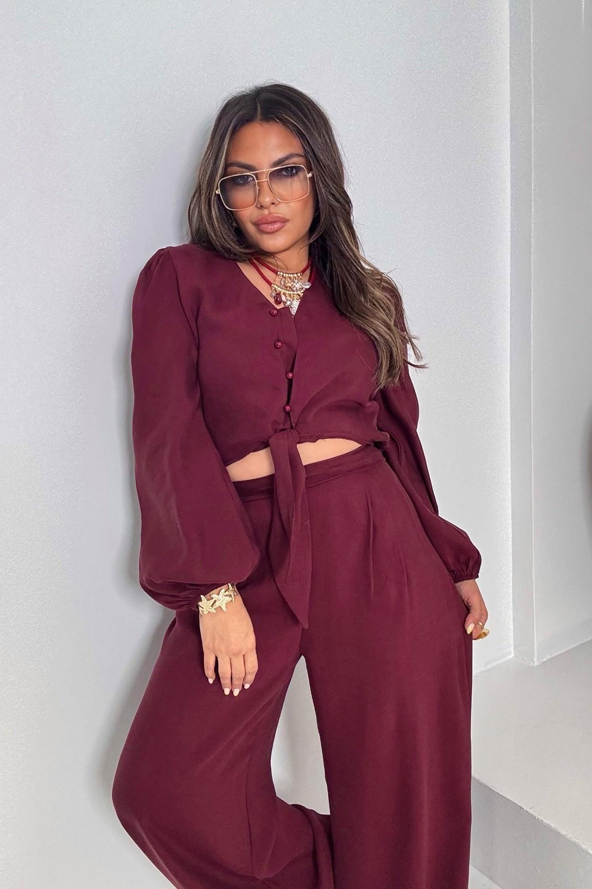 Bağlamalı Karpuz Kol Crop Pantolon Takım Bordo