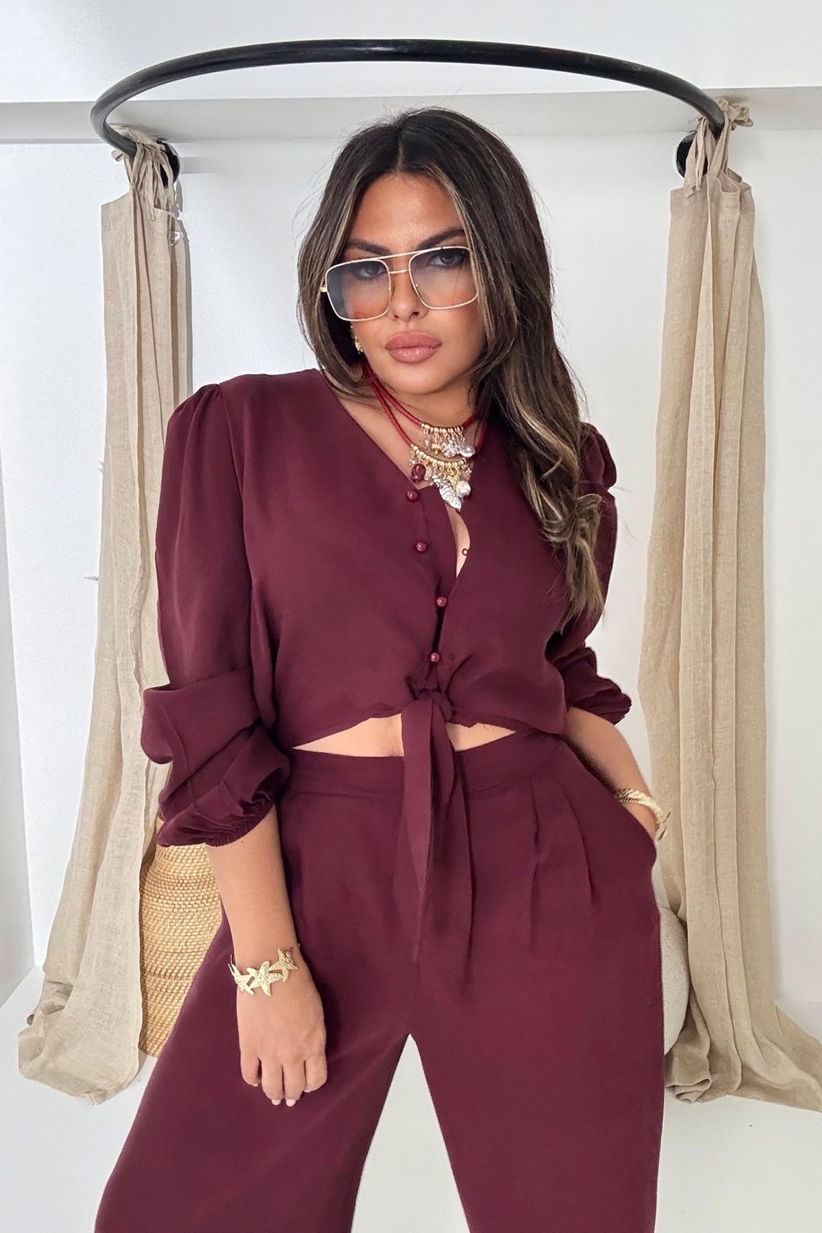 Bağlamalı Karpuz Kol Crop Pantolon Takım Bordo