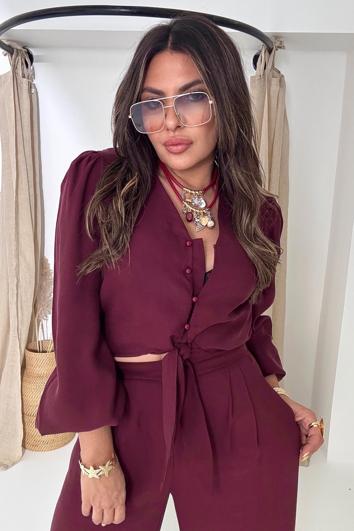 Bağlamalı Karpuz Kol Crop Pantolon Takım Bordo