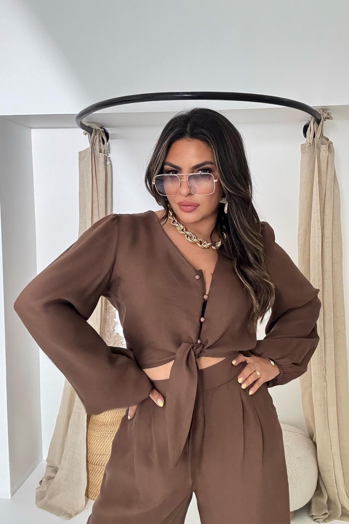 Bağlamalı Karpuz Kol Crop Pantolon Takım Acı Kahve
