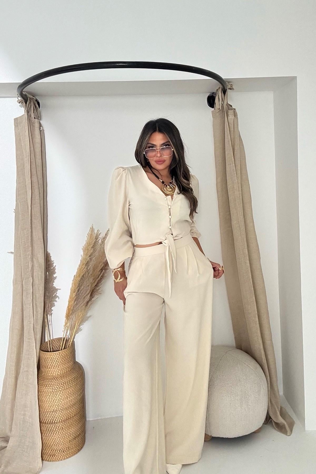 Bağlamalı Karpuz Kol Crop Pantolon Takım Taş