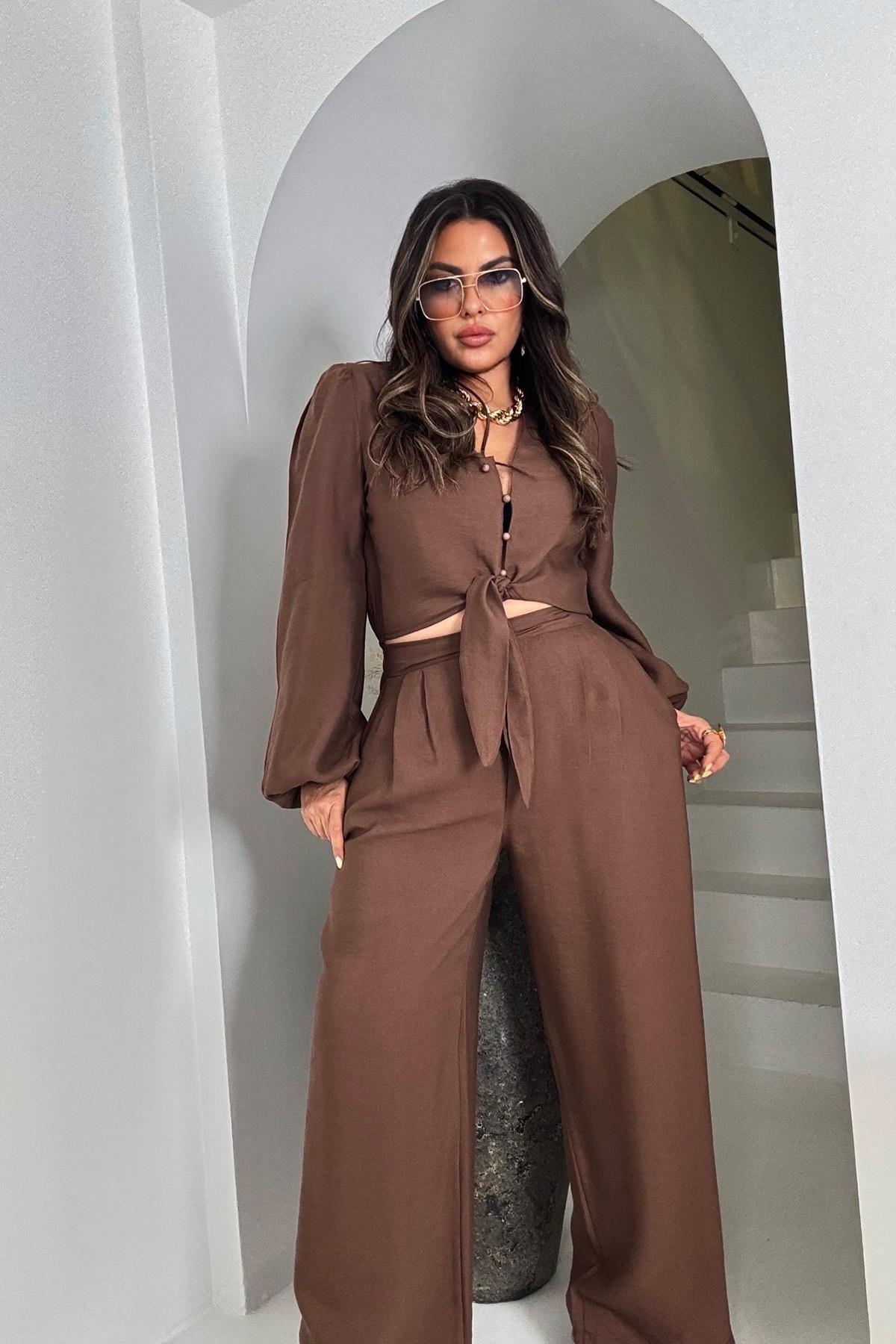 Bağlamalı Karpuz Kol Crop Pantolon Takım Acı Kahve