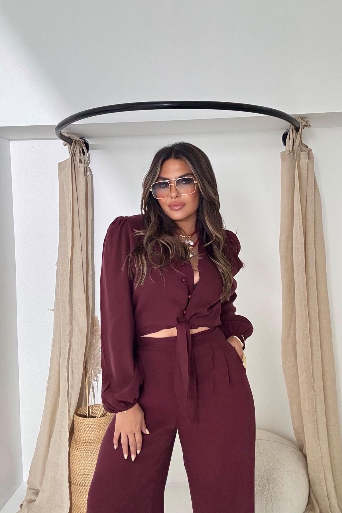 Bağlamalı Karpuz Kol Crop Pantolon Takım Bordo