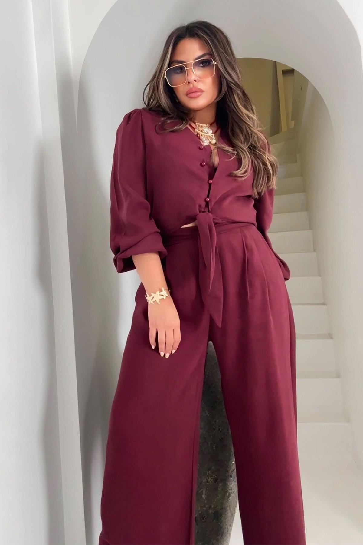 Bağlamalı Karpuz Kol Crop Pantolon Takım Bordo