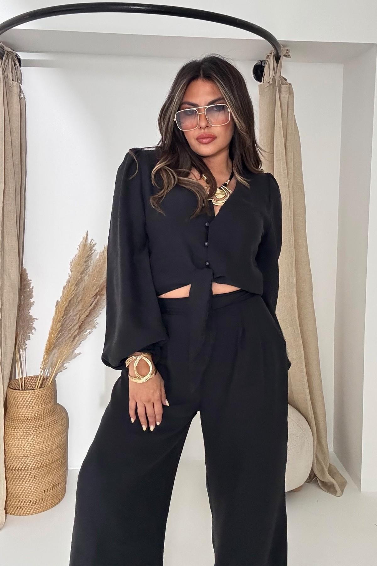 Bağlamalı Karpuz Kol Crop Pantolon Takım Siyah