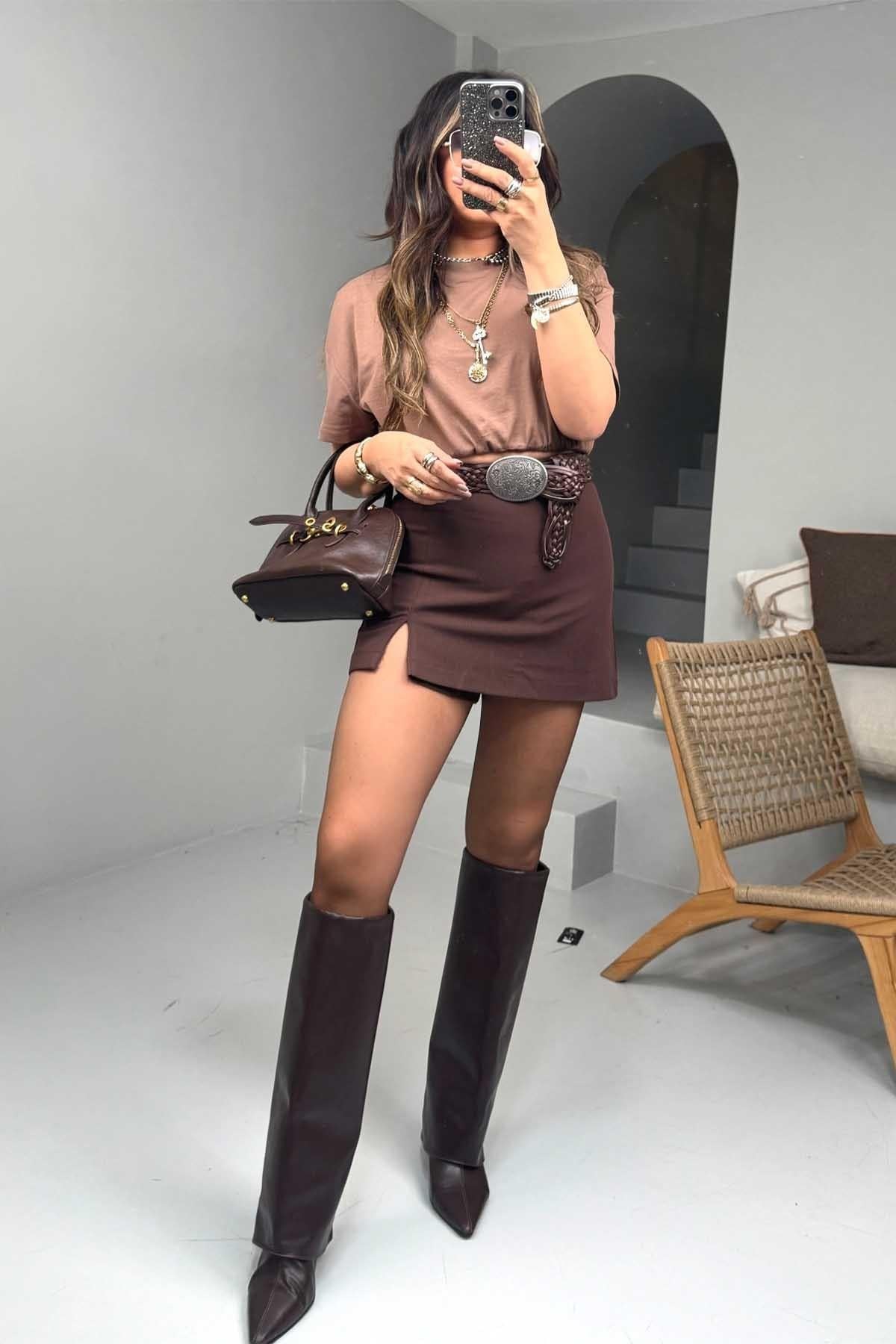 Balon Model Beli Lastikli Crop Sütlü Kahve