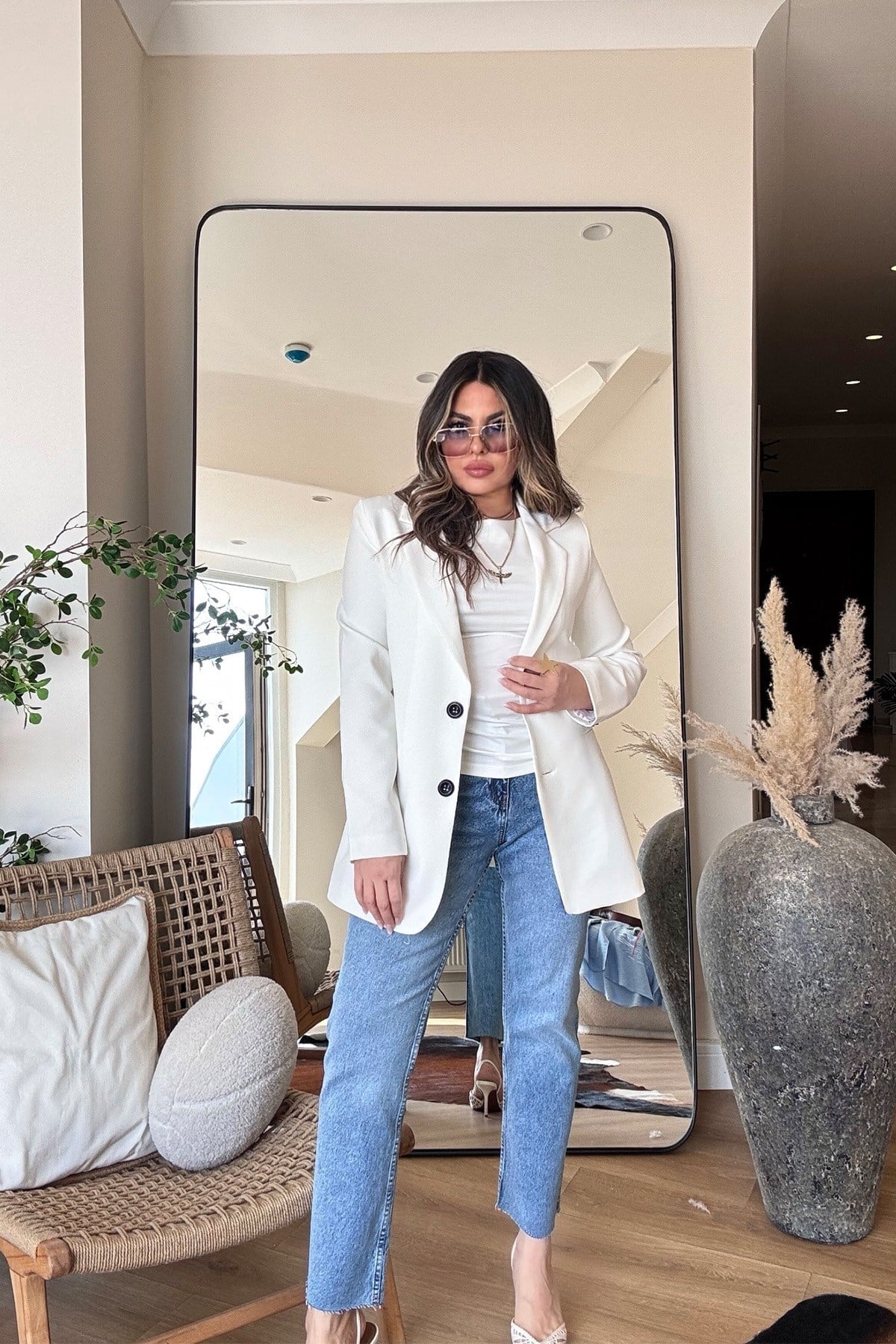 Basic İki Düğme Blazer Ceket Ekru