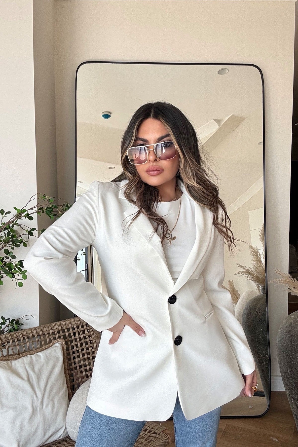 Basic İki Düğme Blazer Ceket Ekru