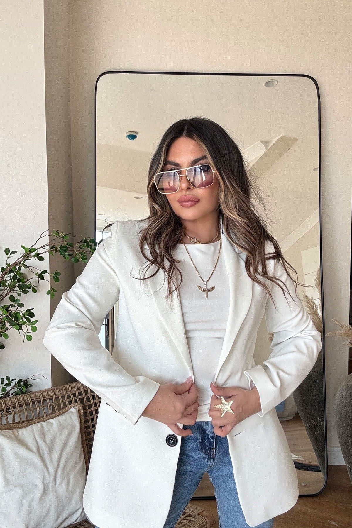 Basic İki Düğme Blazer Ceket Ekru