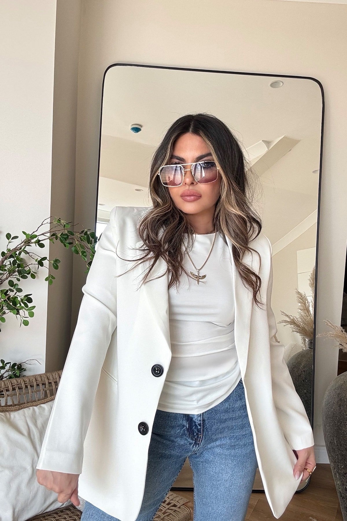 Basic İki Düğme Blazer Ceket Ekru
