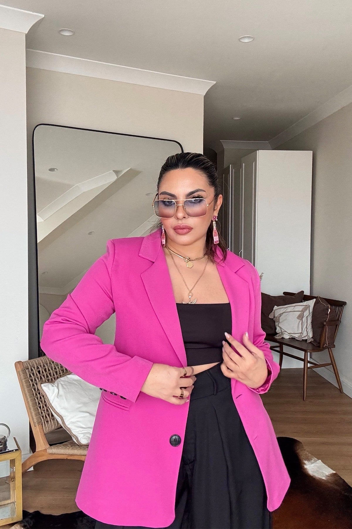 Basic İki Düğme Blazer Ceket Pembe