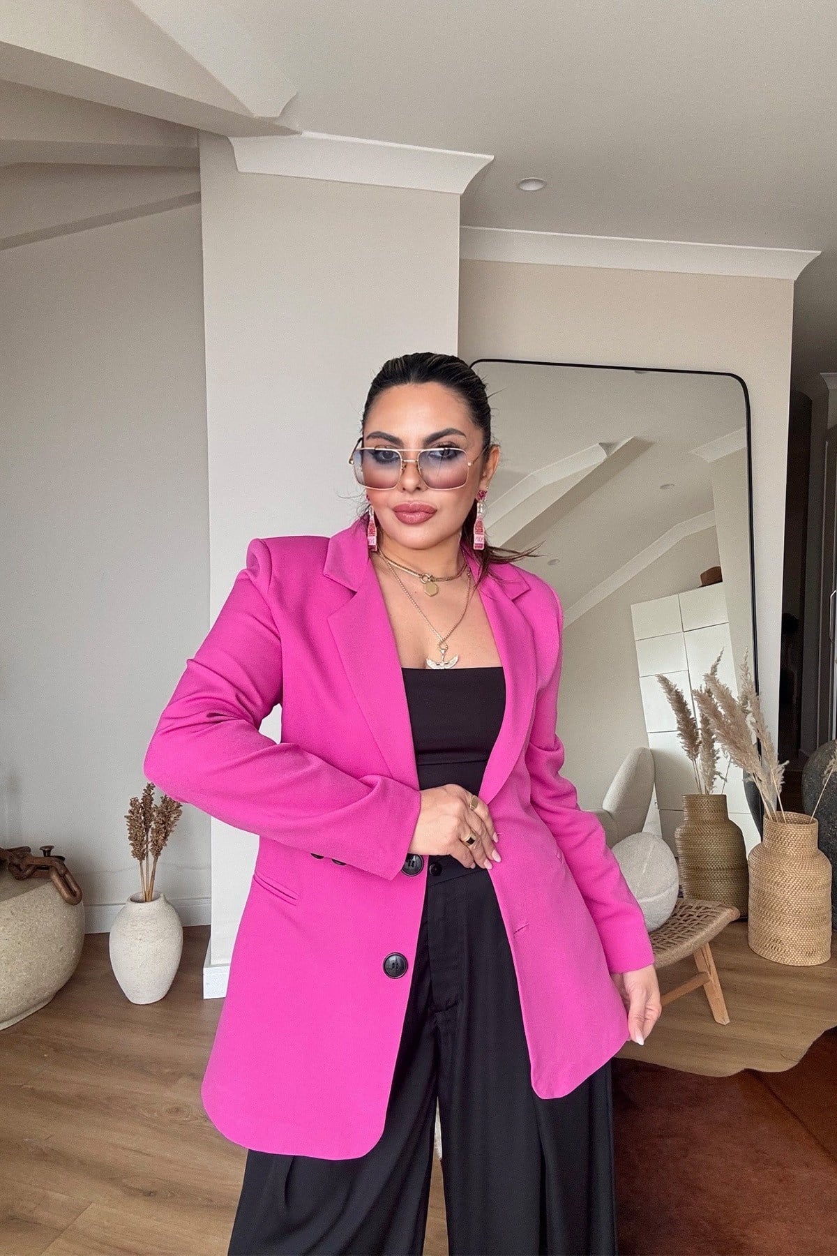 Basic İki Düğme Blazer Ceket Pembe