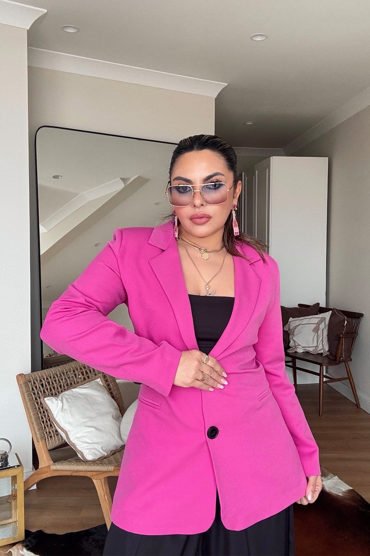Basic İki Düğme Blazer Ceket Pembe