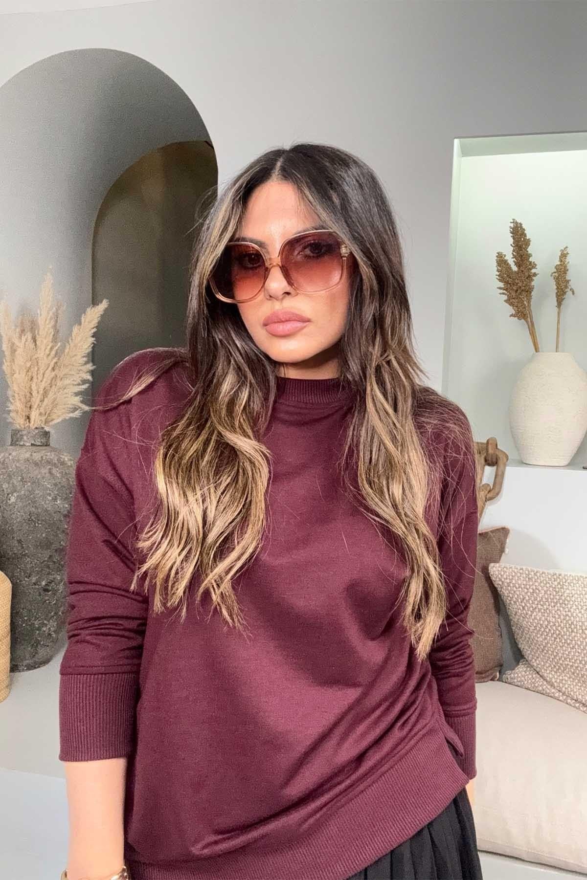 Basic Mini Yan Yırtmaçlı Sweatshirt Bordo