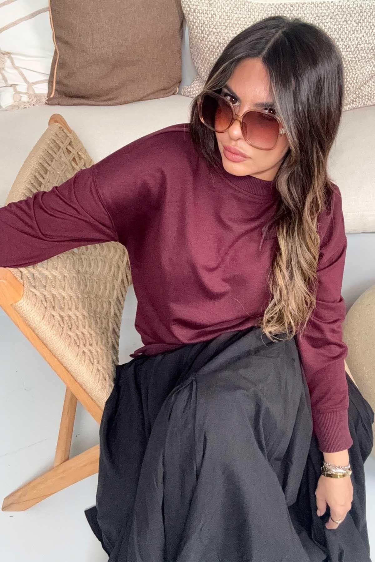 Basic Mini Yan Yırtmaçlı Sweatshirt Bordo