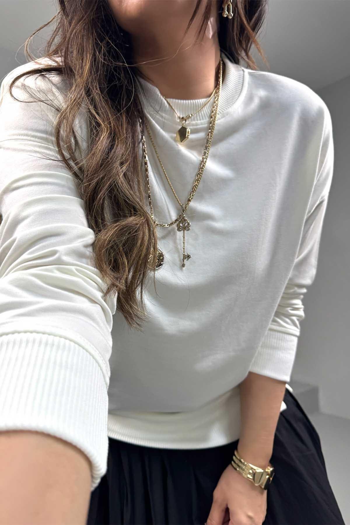 Basic Mini Yan Yırtmaçlı Sweatshirt Ekru