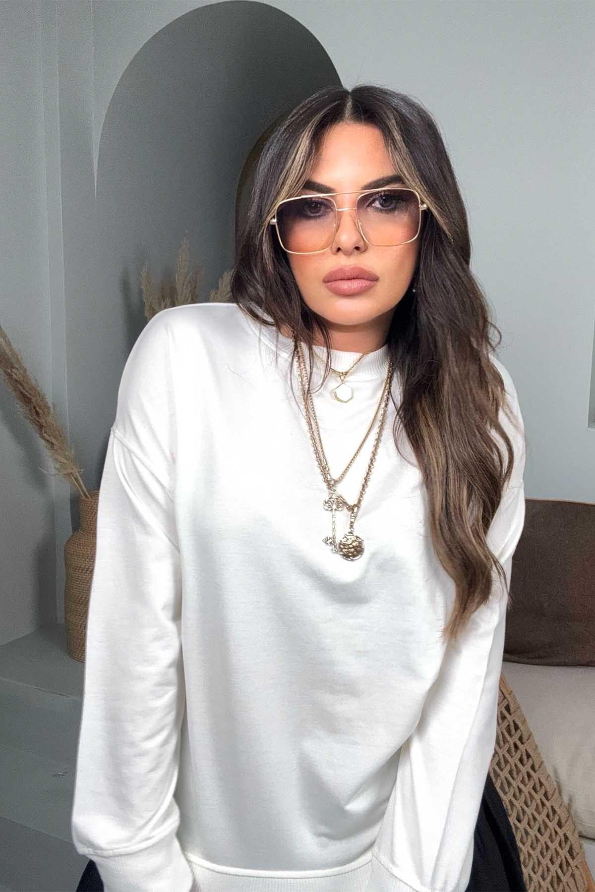 Basic Mini Yan Yırtmaçlı Sweatshirt Ekru