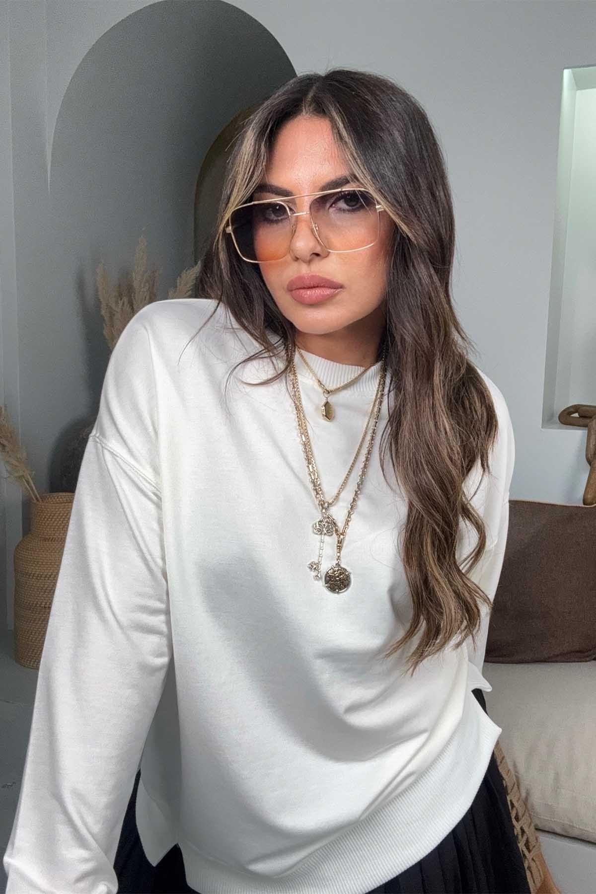Basic Mini Yan Yırtmaçlı Sweatshirt Ekru