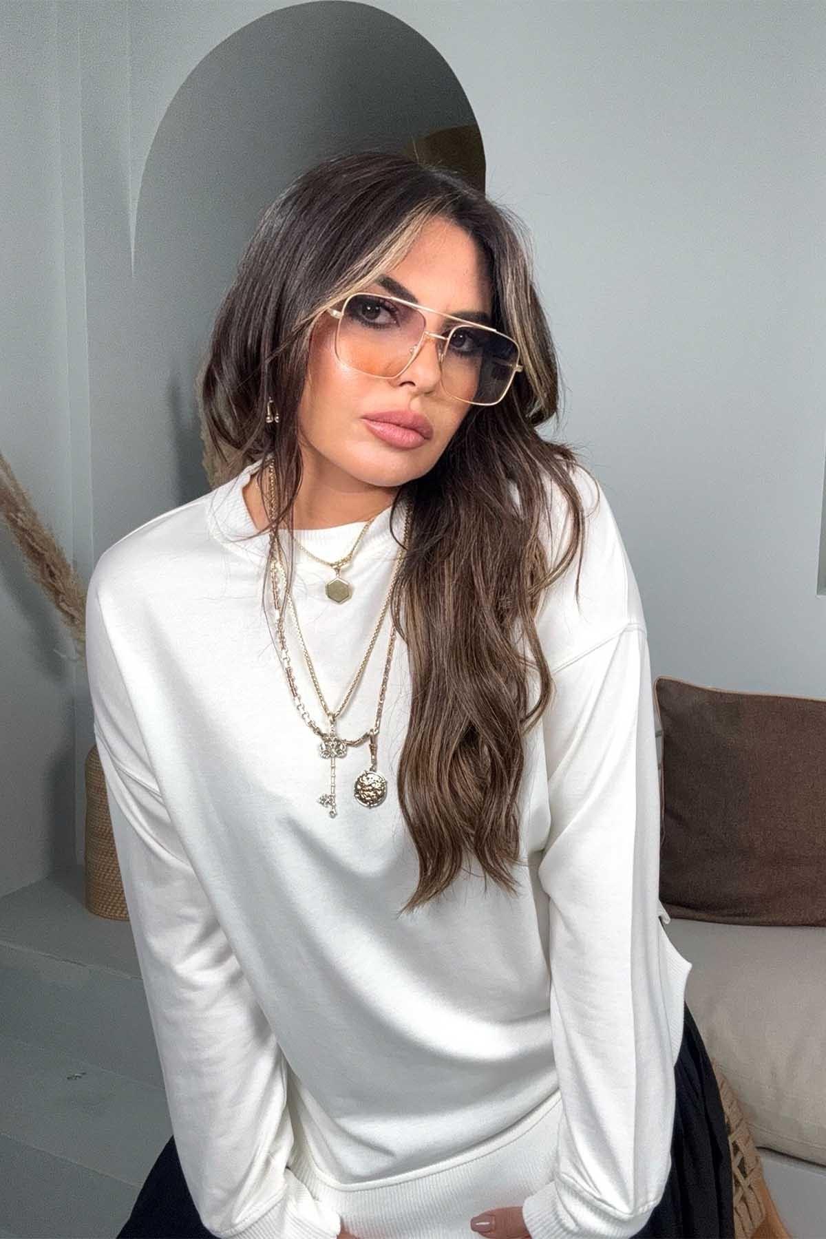 Basic Mini Yan Yırtmaçlı Sweatshirt Ekru