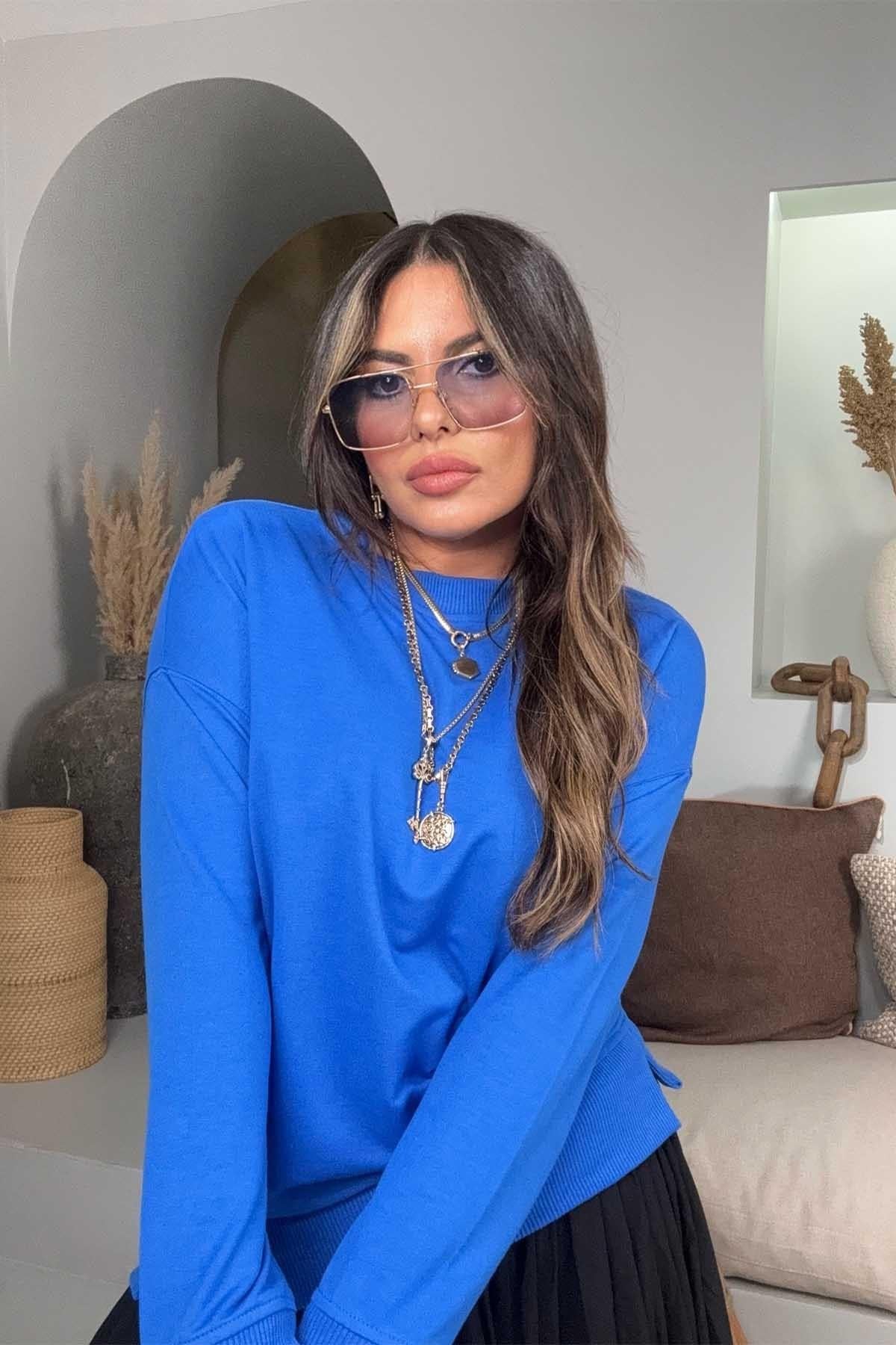 Basic Mini Yan Yırtmaçlı Sweatshirt Saks