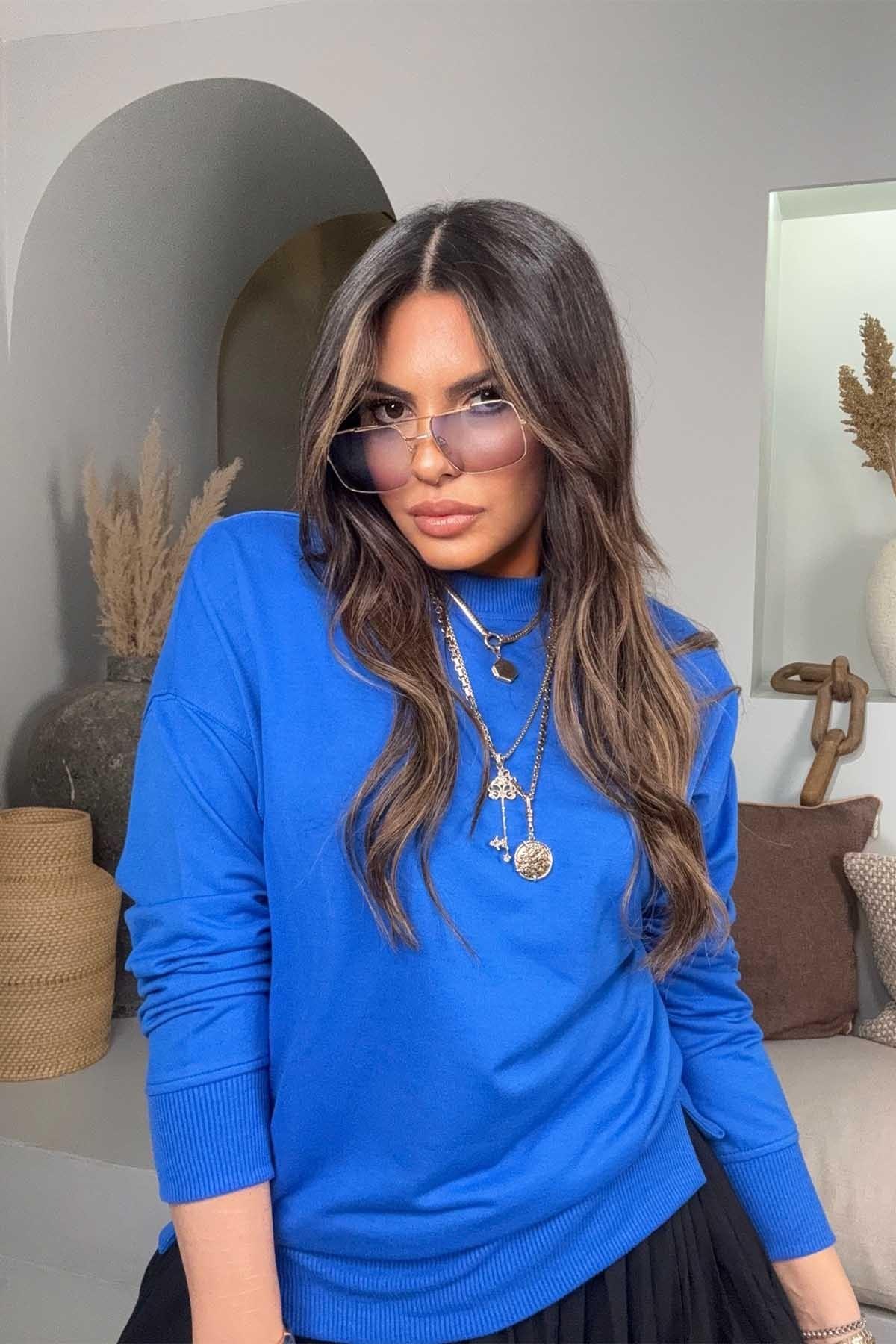 Basic Mini Yan Yırtmaçlı Sweatshirt Saks