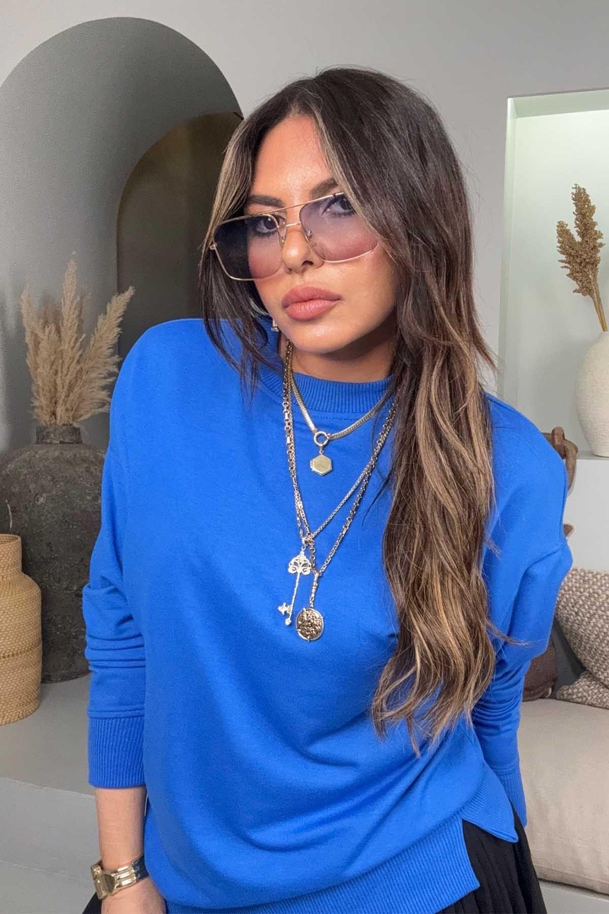Basic Mini Yan Yırtmaçlı Sweatshirt Saks