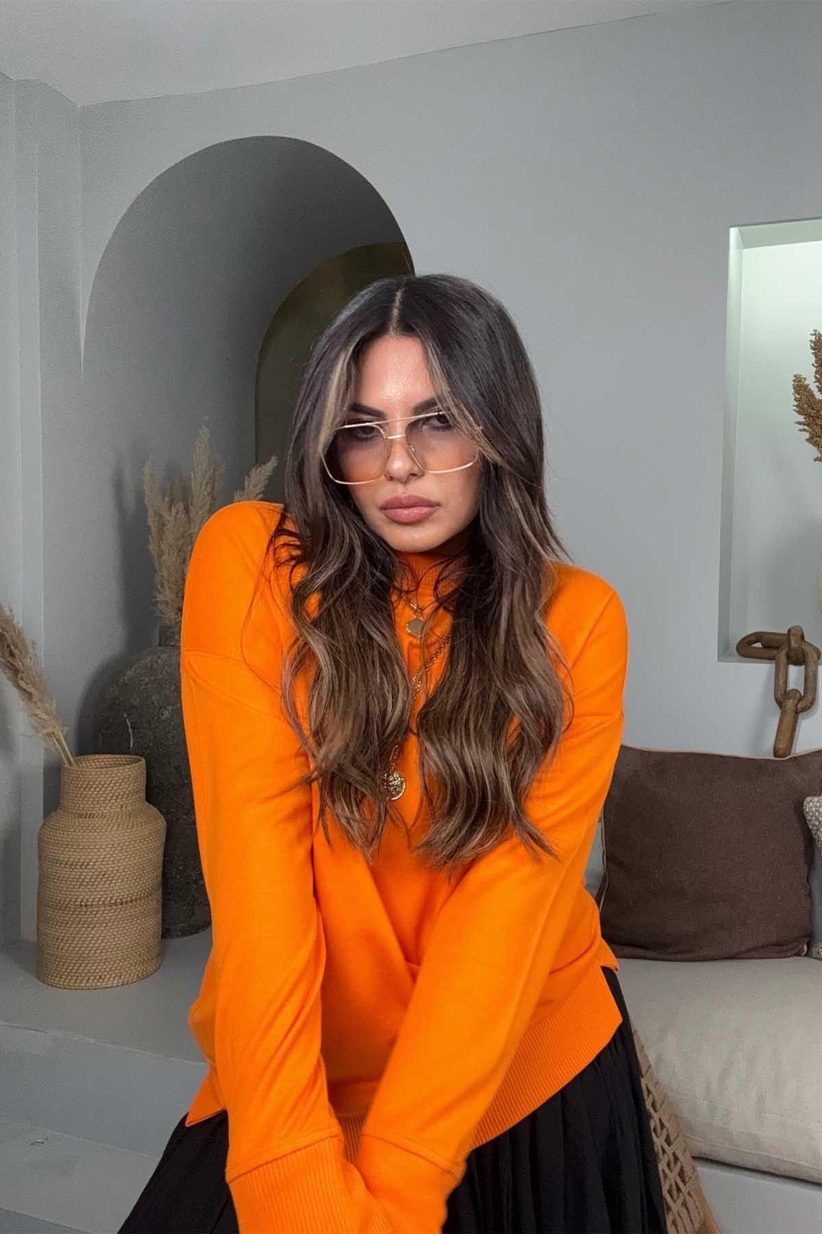 Basic Mini Yan Yırtmaçlı Sweatshirt Turuncu