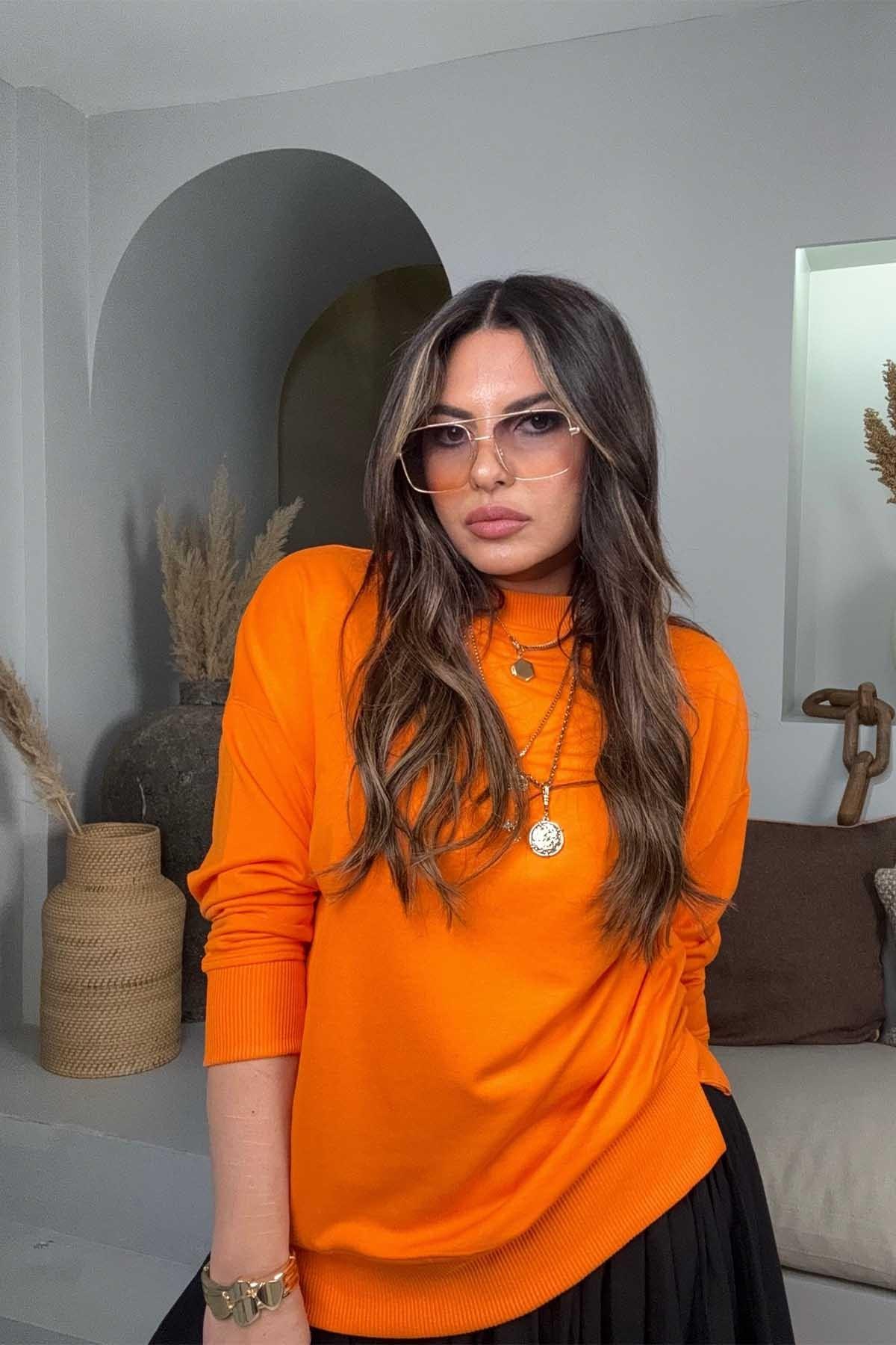 Basic Mini Yan Yırtmaçlı Sweatshirt Turuncu