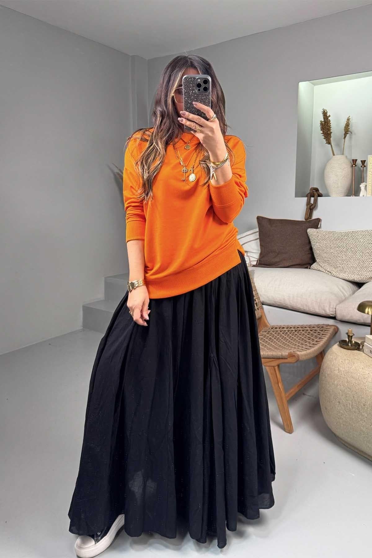 Basic Mini Yan Yırtmaçlı Sweatshirt Turuncu