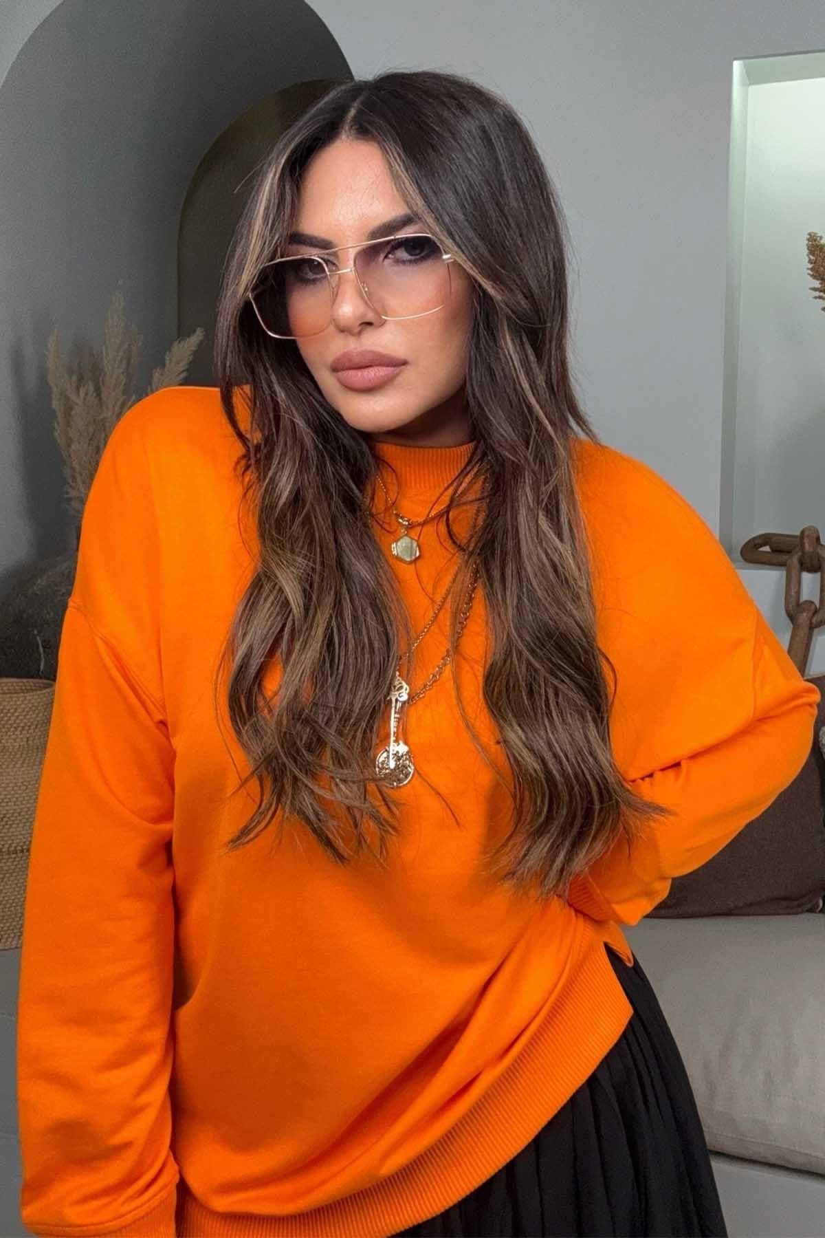 Basic Mini Yan Yırtmaçlı Sweatshirt Turuncu