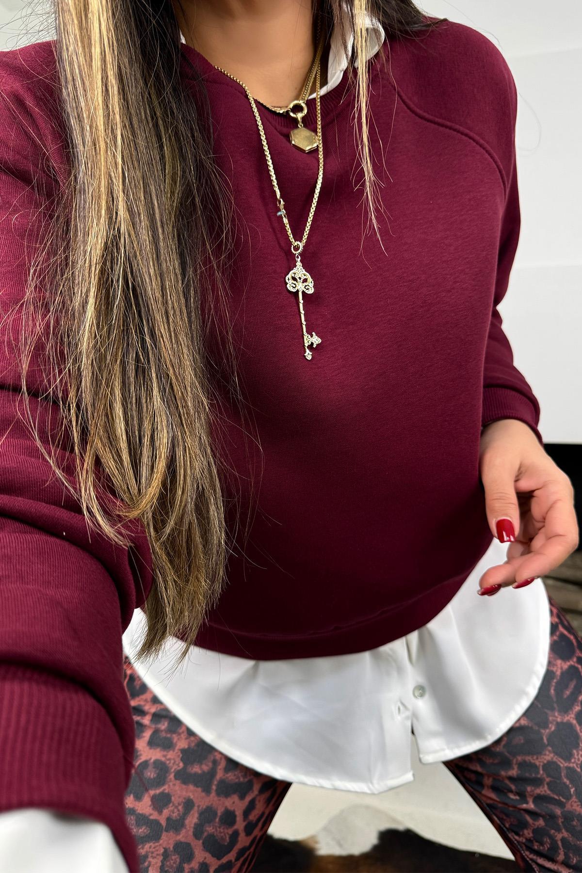 Basic Şardonlu Sweatshirt Bordo
