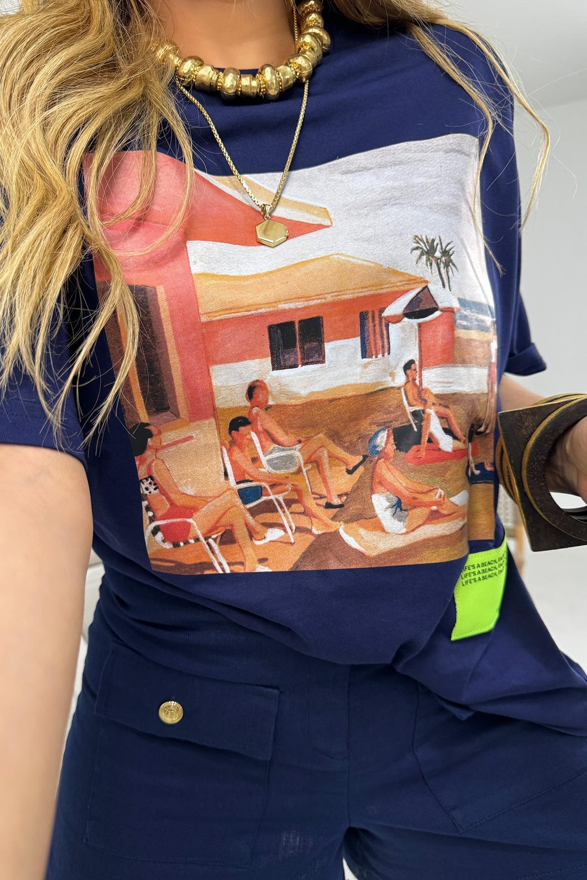 Baskılı Beach Tshirt Lacivert