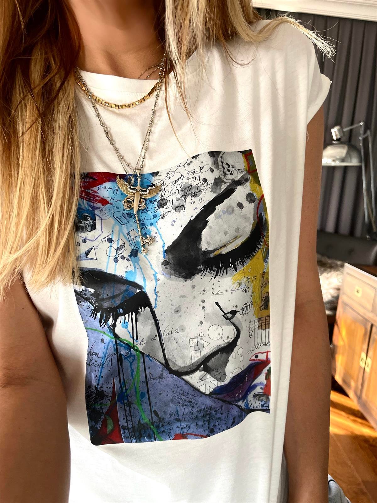Baskılı Cubes  Tshirt Ekru