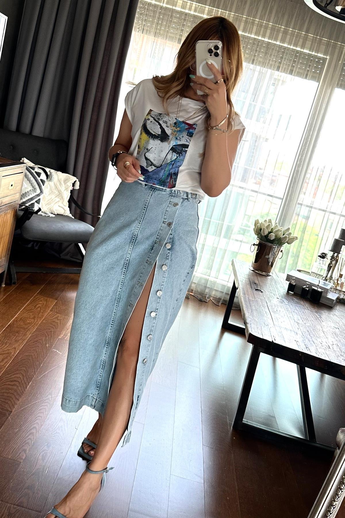 Baskılı Cubes  Tshirt Ekru