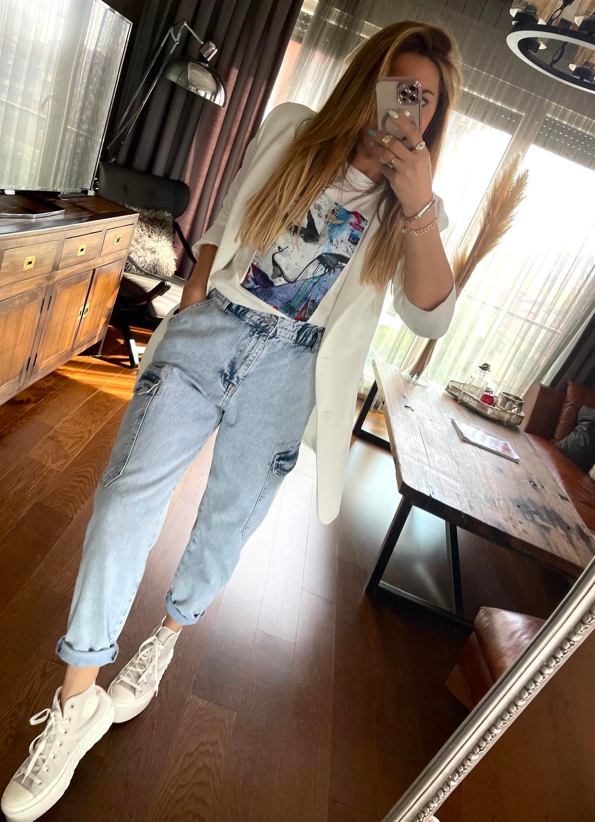 Baskılı Cubes  Tshirt Ekru