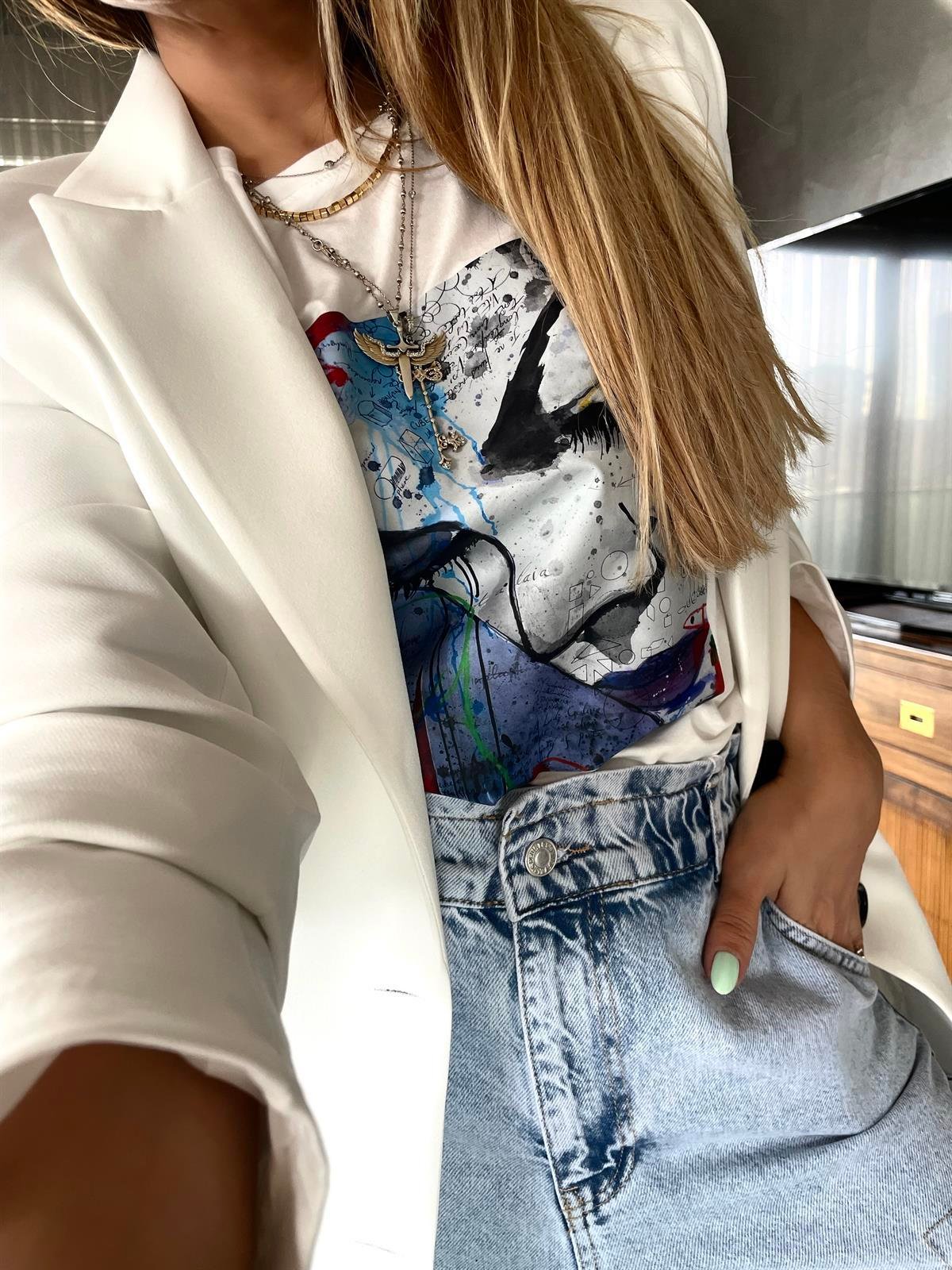Baskılı Cubes  Tshirt Ekru