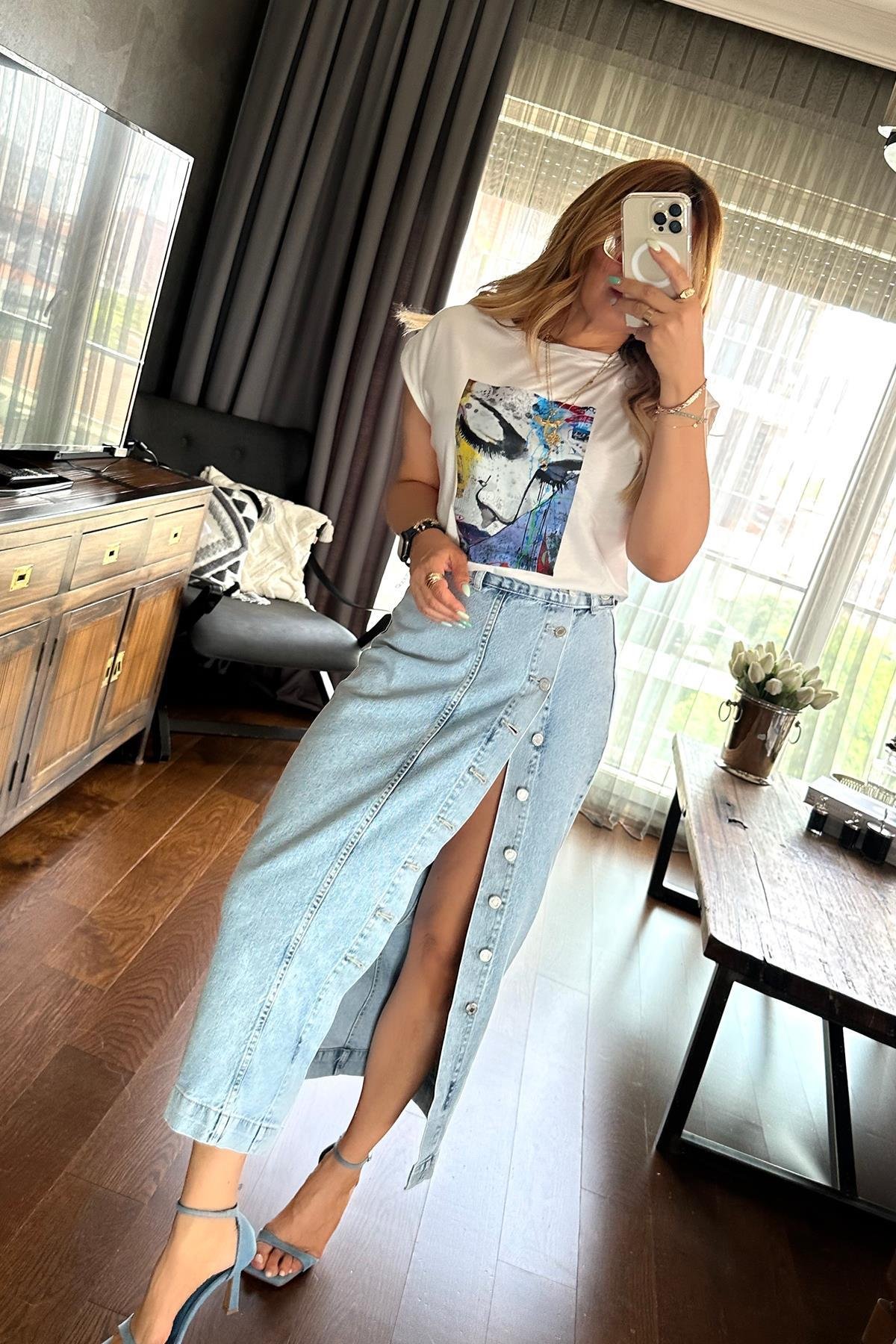Baskılı Cubes  Tshirt Ekru