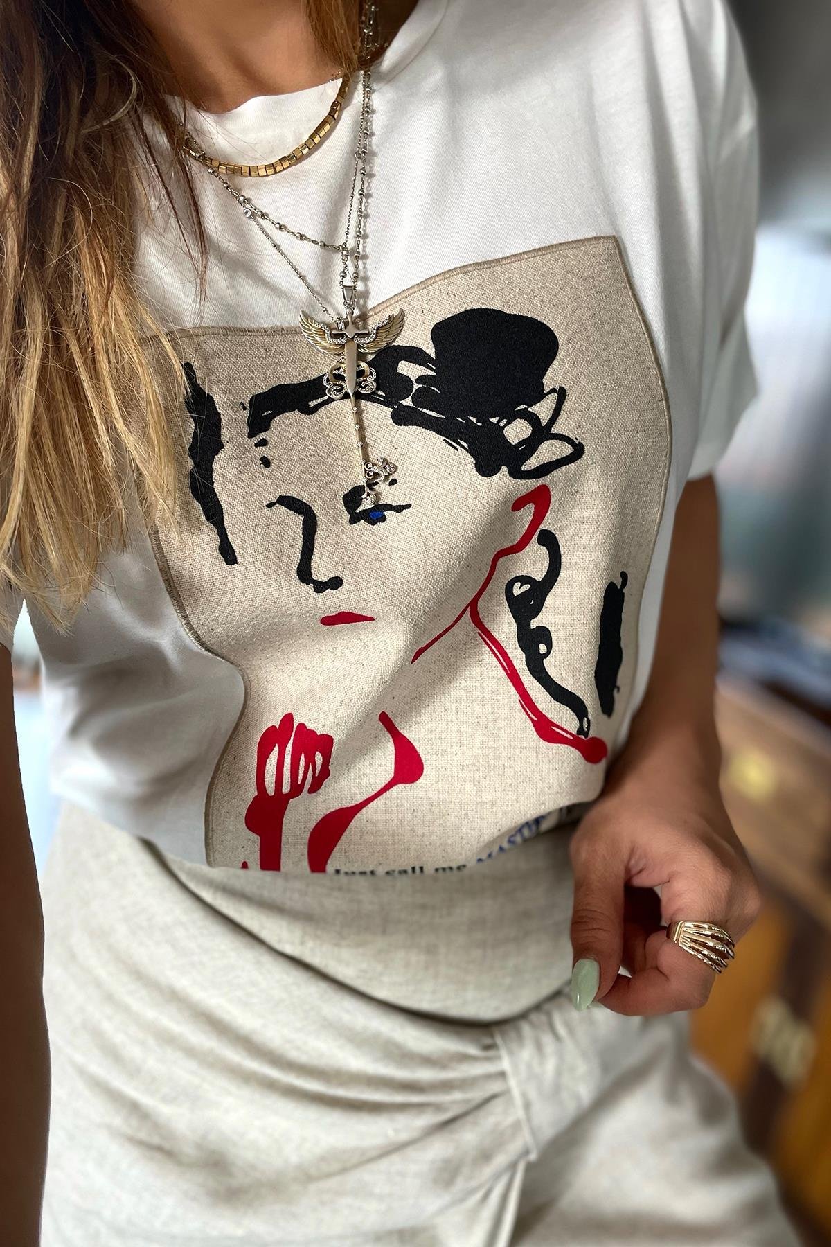 Baskılı Keten Kumaş Aplike Tshirt Ekru