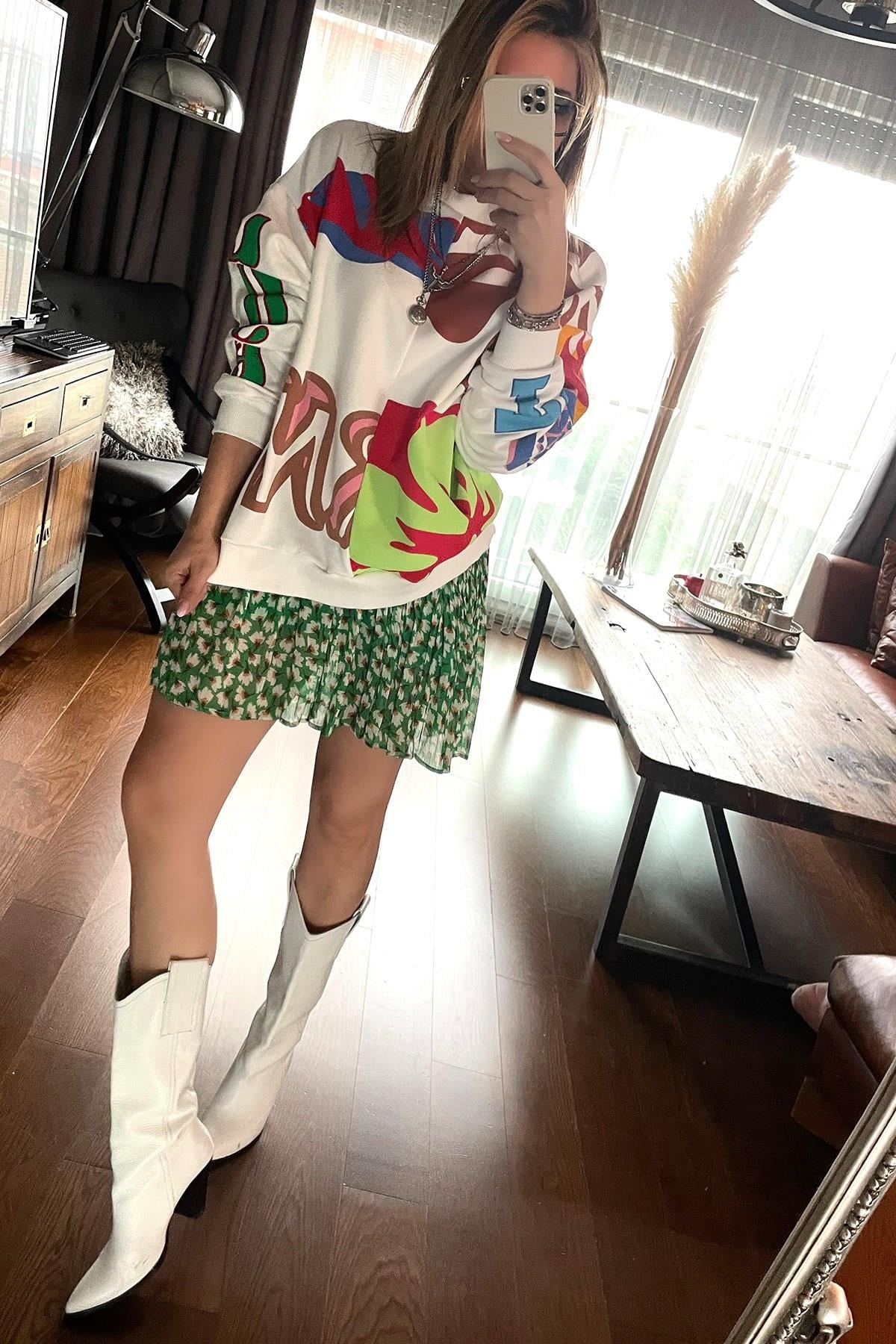 Baskılı Sweatshirt Ekru