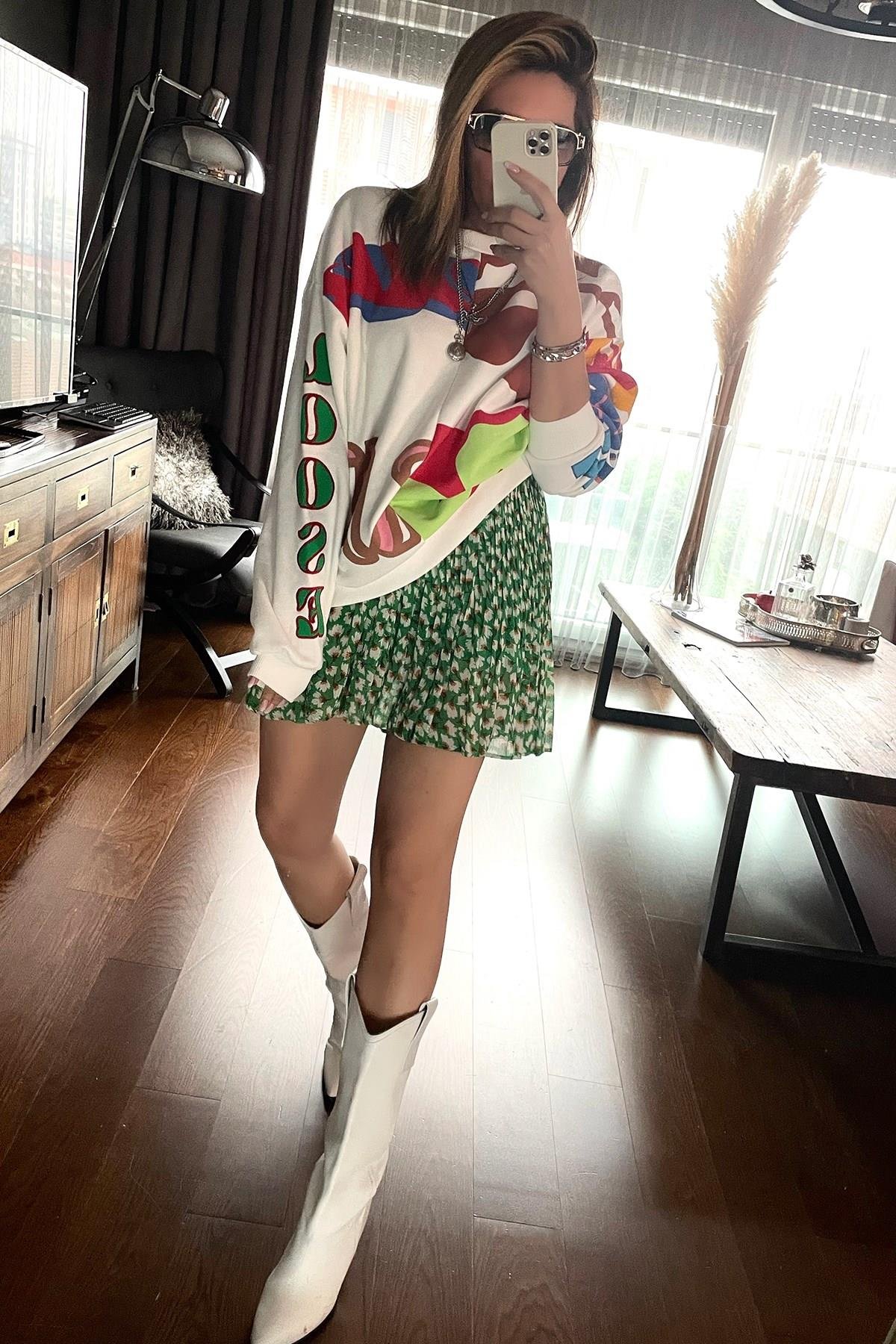 Baskılı Sweatshirt Ekru