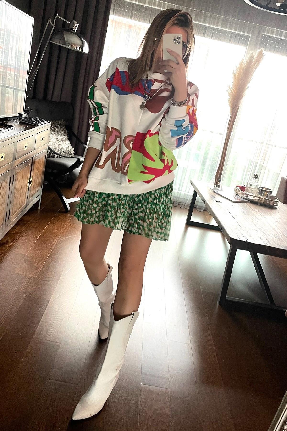 Baskılı Sweatshirt Ekru