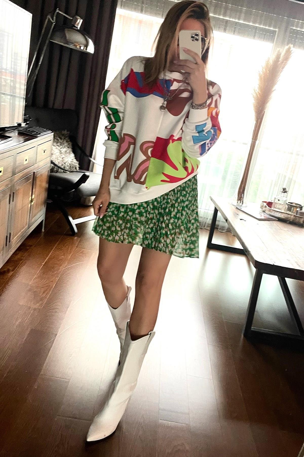 Baskılı Sweatshirt Ekru