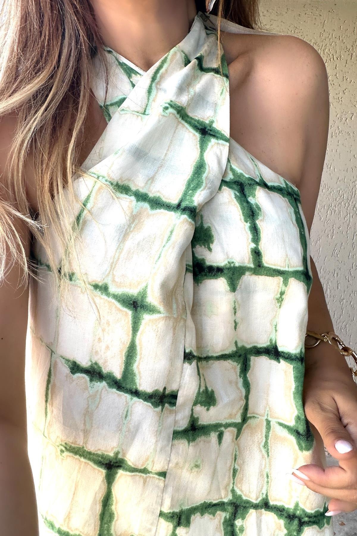 Batik Desen Çapraz Askı Bluz Yeşil
