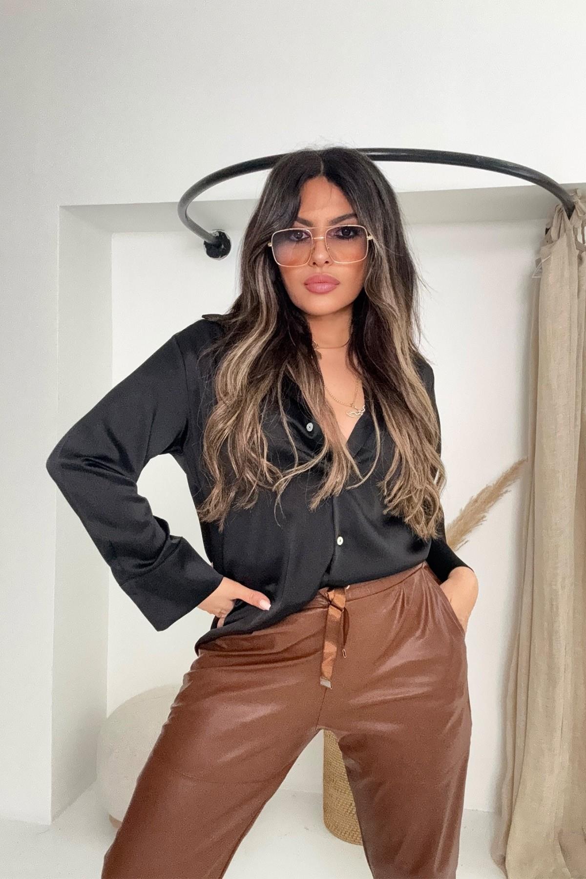 Beli Lastikli Jogger Deri Pantolon Kahve