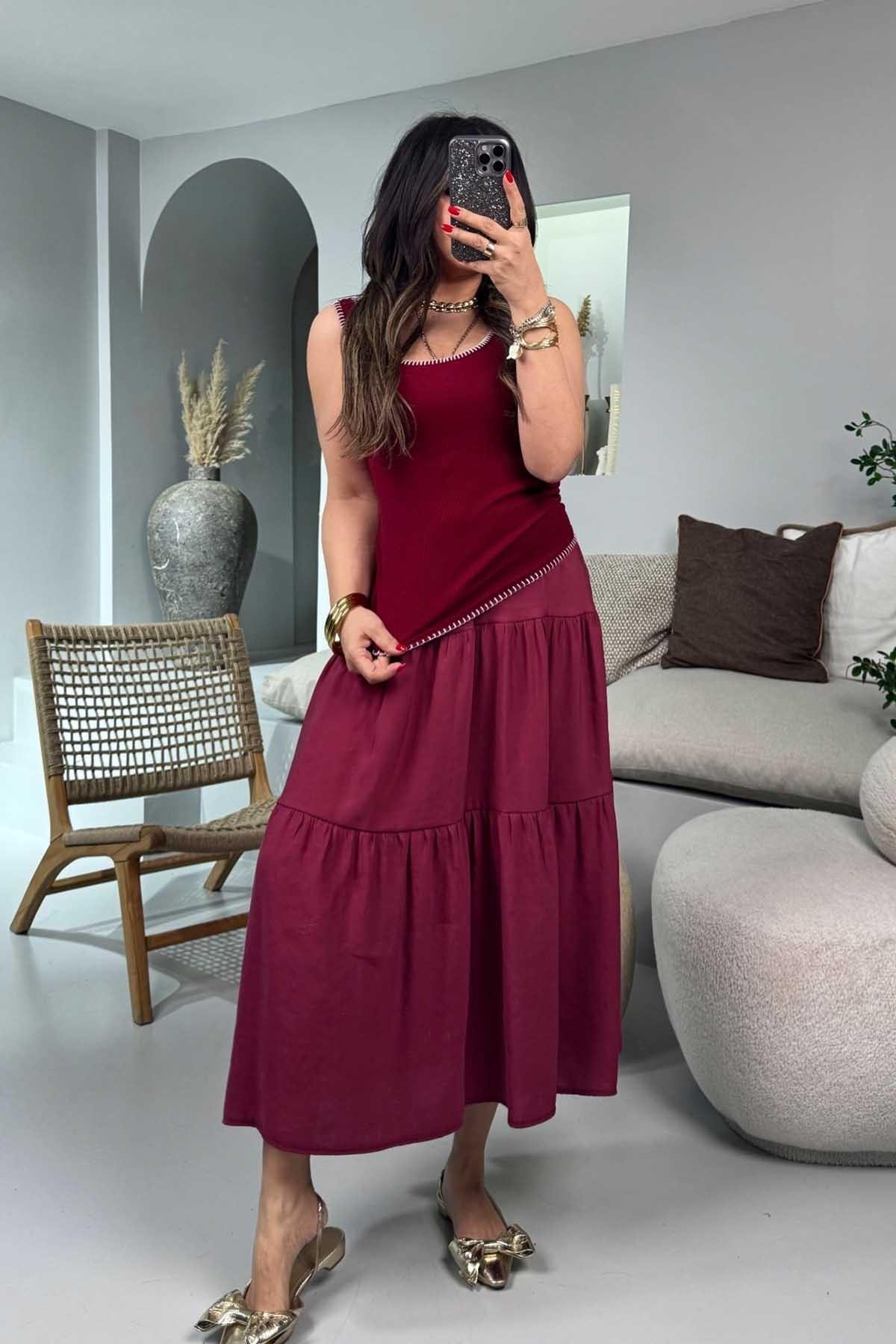 Beli Lastikli Kloş Etek Bordo