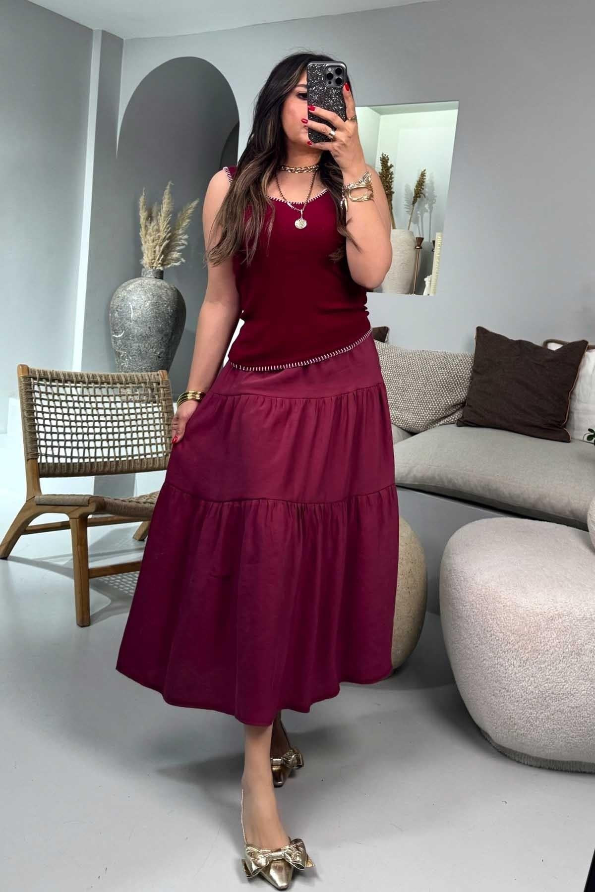 Beli Lastikli Kloş Etek Bordo