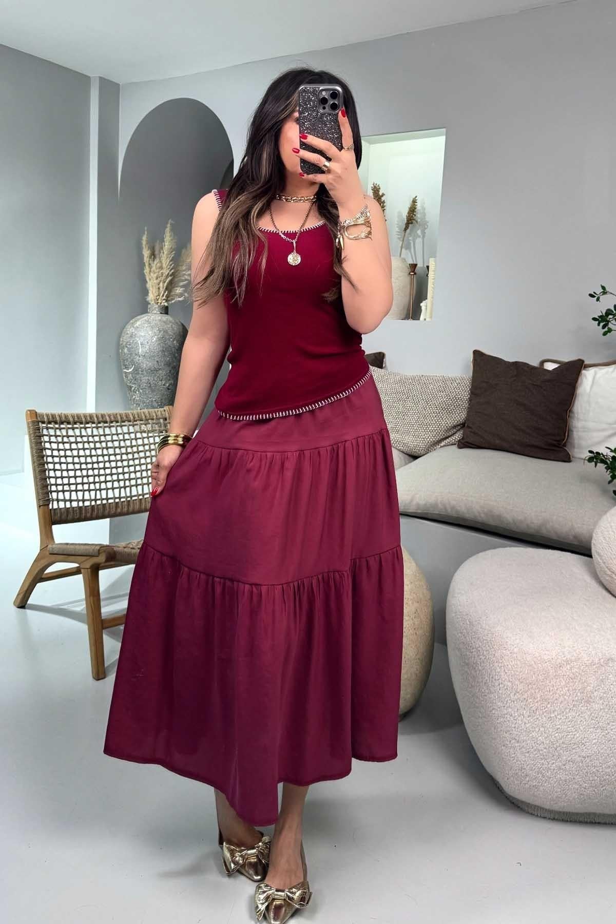Beli Lastikli Kloş Etek Bordo